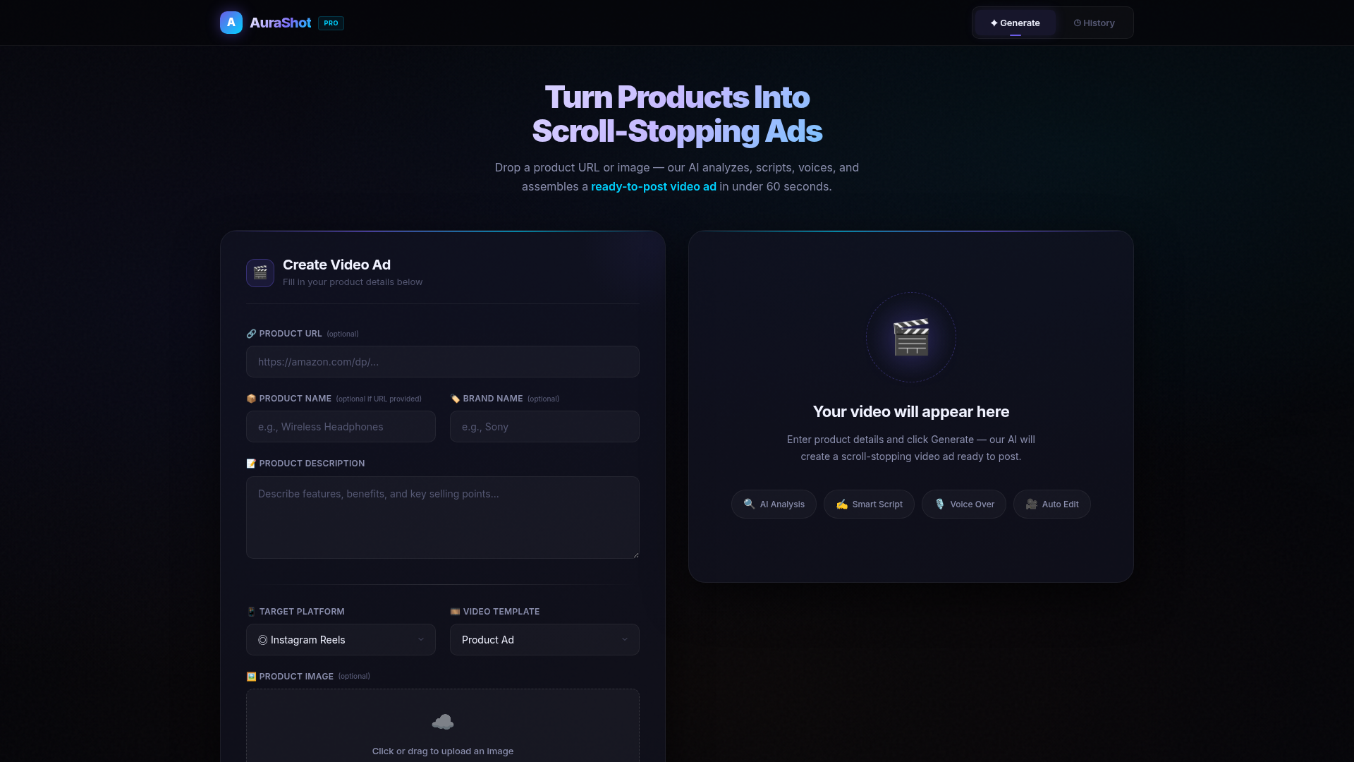 AuraShot (Clip Sense) - AI Ads app built with Butterbase