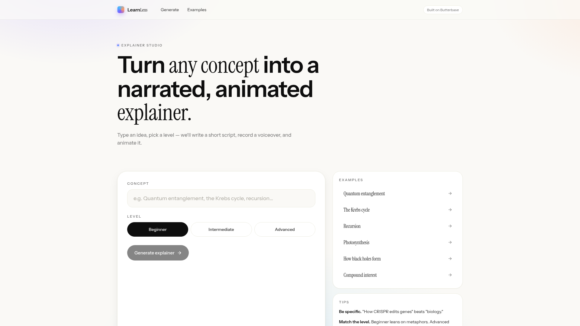 LearnLens - Explainer Studio app built with Butterbase