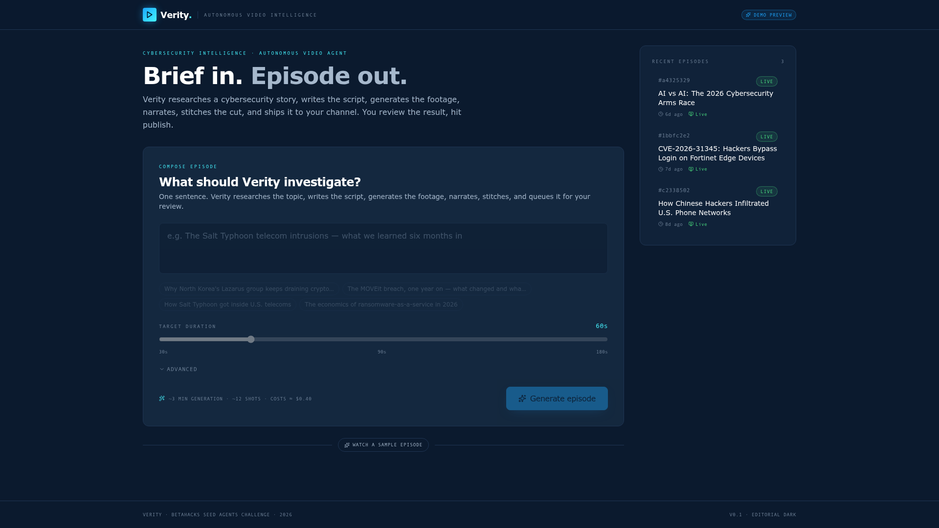 Verity - Autonomous Video Agent app built with Butterbase